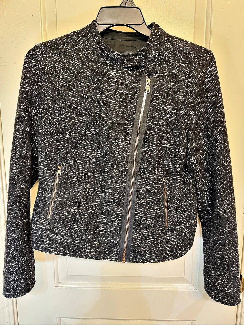 Gap Tweed Moto Jacket Speckled Zip Jacket Black & White Medium
